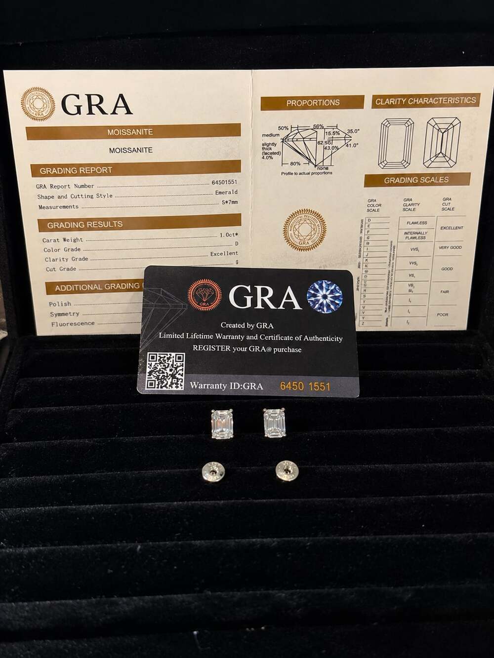 GRA Emerald Cut Moissanite Stud Earrings 1.0ct 925 Sterling Silver